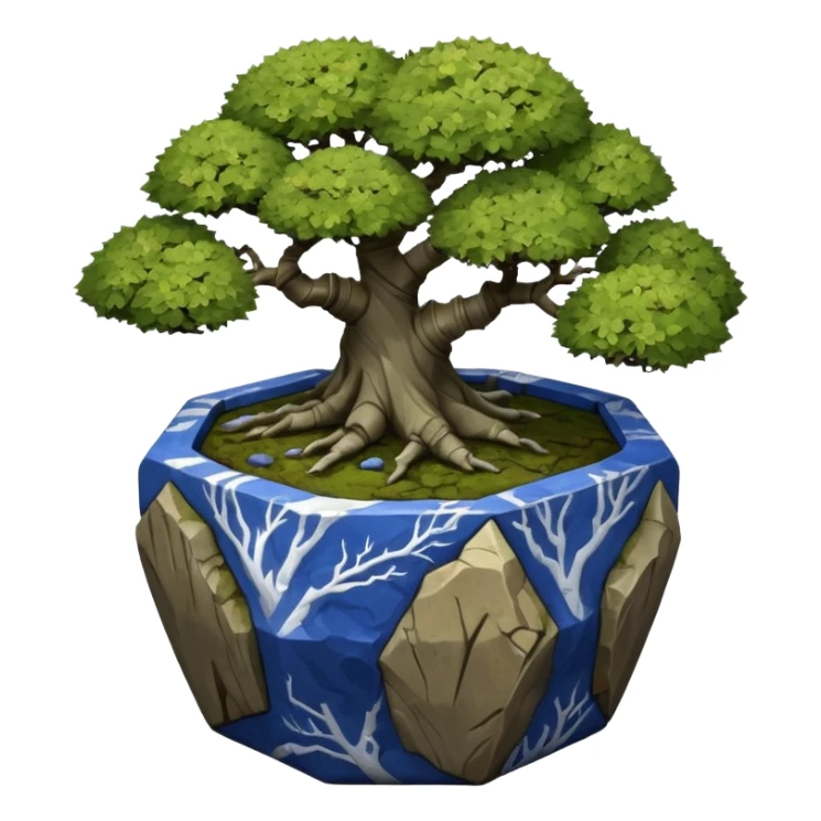 American very old broken cracked intricate Stone Age rocky-crusted dodecahedron-shaped shallow dark moss rough bark blue willow flowered maple tree bonsai pot sticker