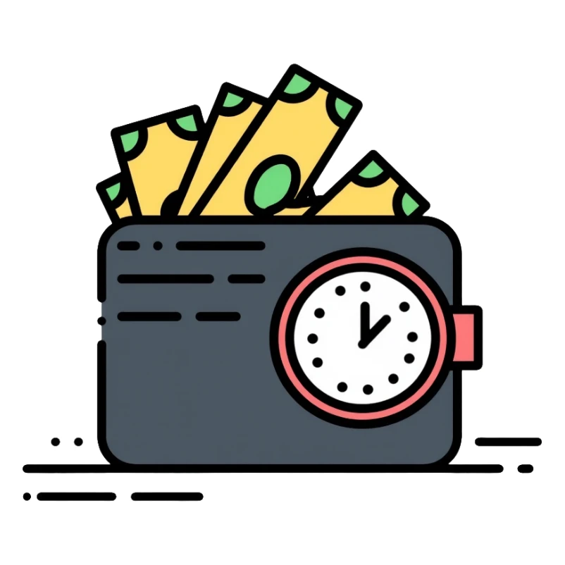 black wallet with dollars inside and a small clock in top right corner positioned above the wallet sticker