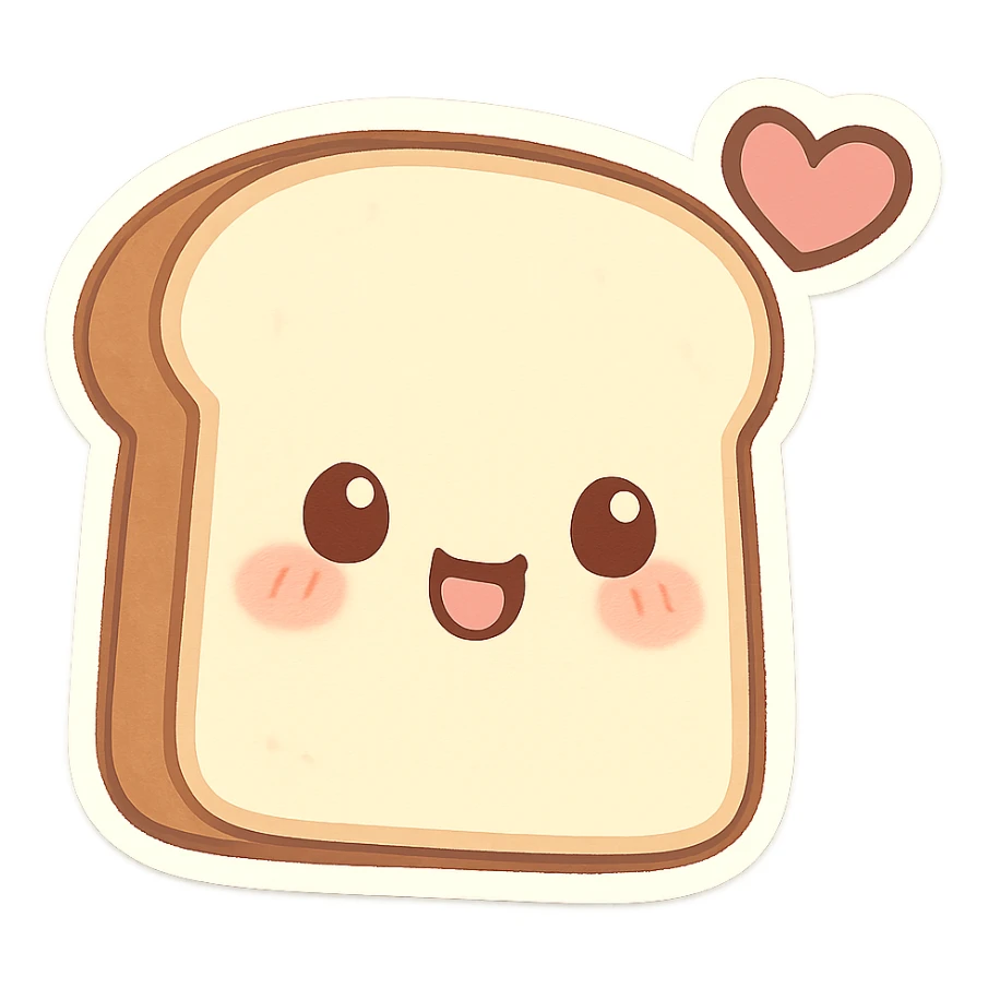 slice of bread with a heart accent, chibi sticker style, cute and exaggerated sticker