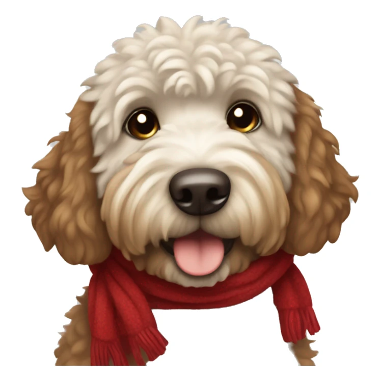 A dark brown and white furry golden doodle in a red scarf sticker