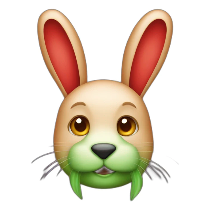 a red rabbit with green ears and a big nose sticker