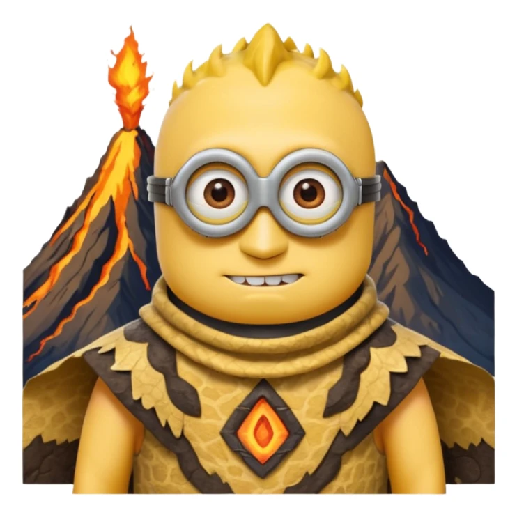 a minion wearing ancient animal skin cloth with volcano behind, half body, icon sticker