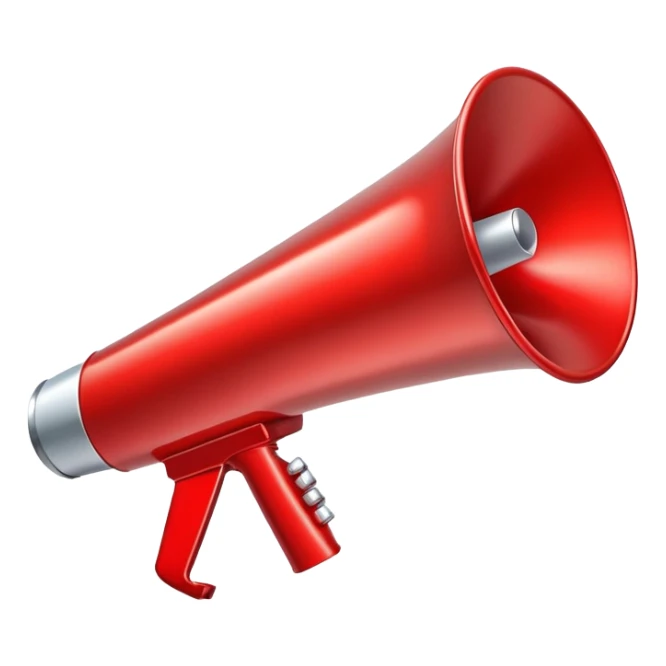 A detailed megaphone with a metallic body and glossy red cone sticker
