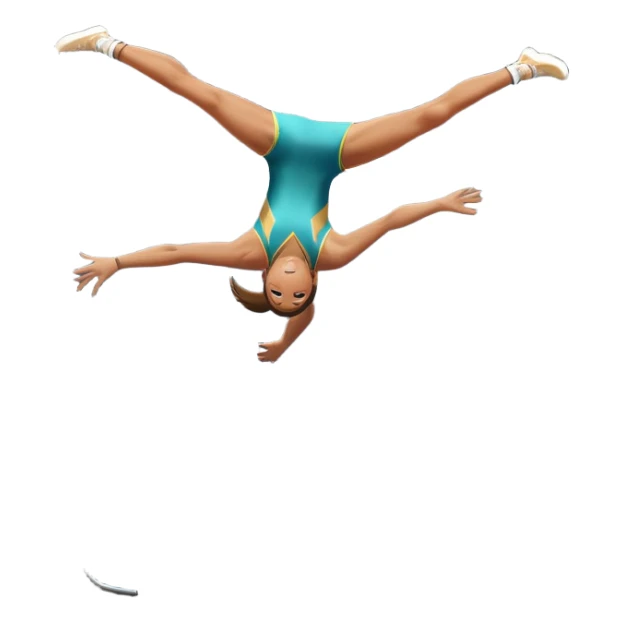 An athletic person soaring high above a trampoline, executing an acrobatic flip with perfect form. The scene captures motion and energy, with a dynamic pose, stretched limbs, and a focused expression. The background suggests a professional trampoline arena with safety padding. sticker