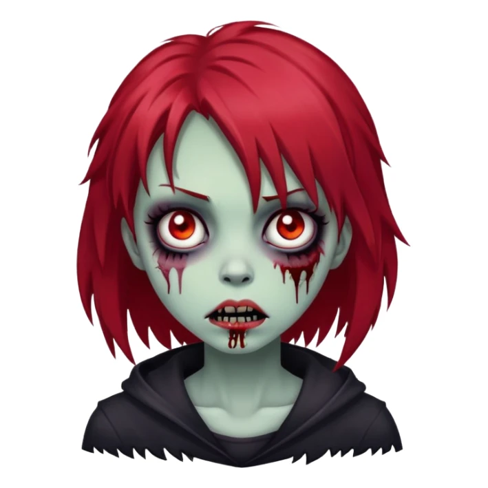 creepy zombie girl, red shaggy medium hair, emo, dark and spooky expression sticker