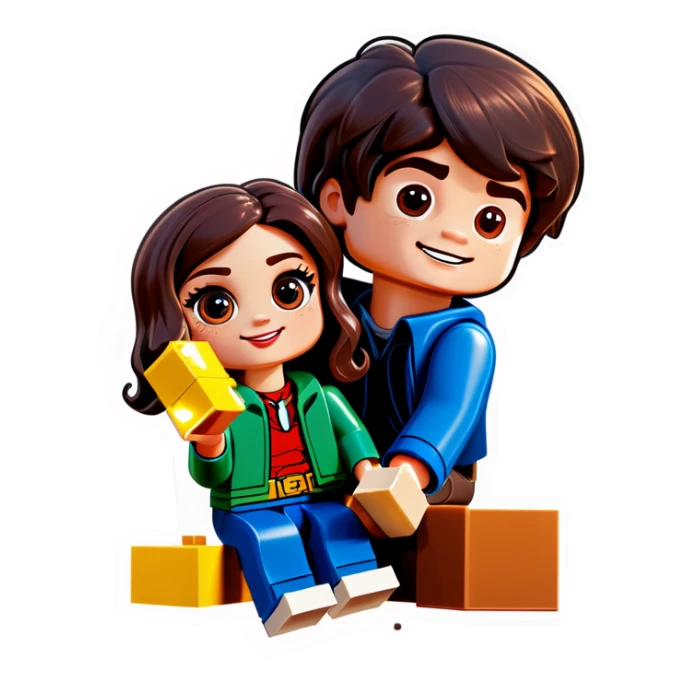 A handsome young man with dark hair, a little heavy sits with his girlfriend with cascading, dark brown hair, flowing down her face as they sit together playing Legos sticker