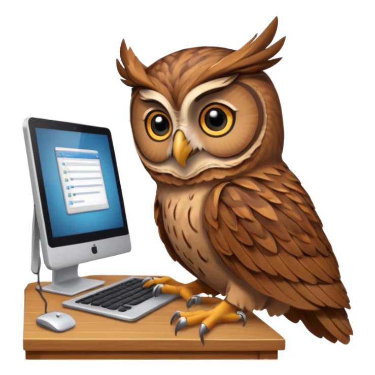 an owl working on computer in an appartement with  timber sticker