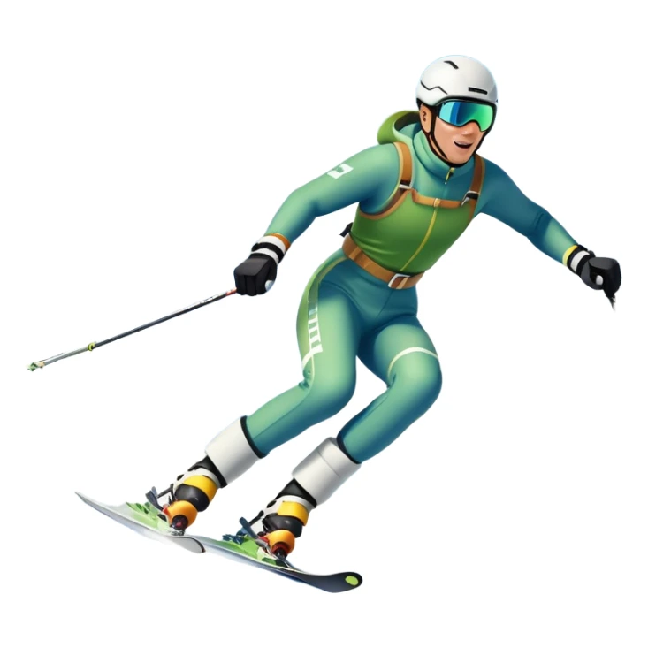 An icon featuring snowy peaks, pine trees, and a picturesque mountain landscape with a skier racing down a snow-covered slope. The sky is blue with soft clouds, capturing the thrill and beauty of alpine skiing. Transparent background highlights the excitement and serenity of winter sports. sticker