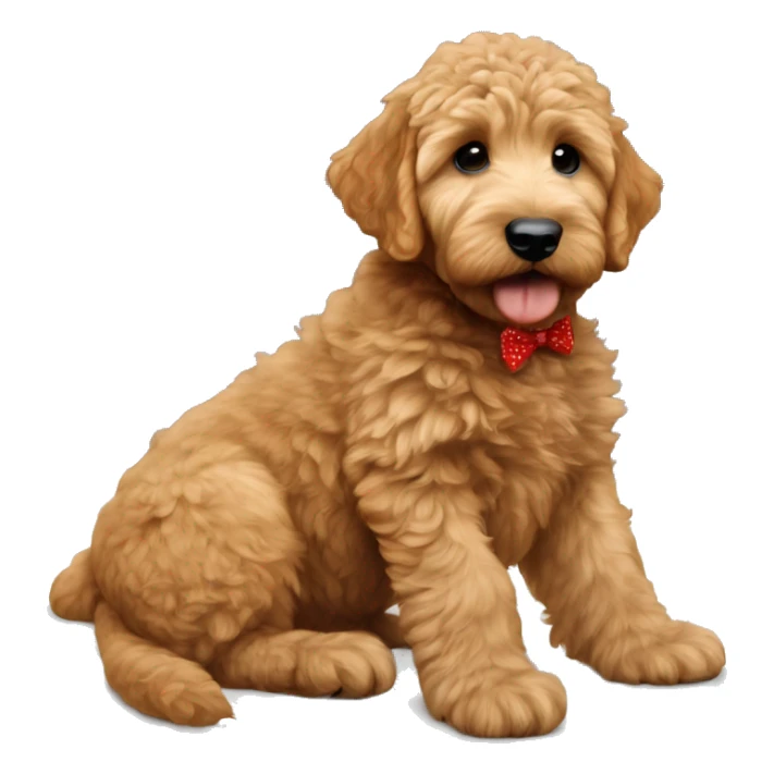 Ginger golden doodle. Baby. Full body sitting down. Red bow sticker