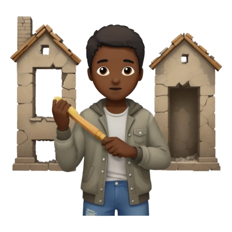 Character brushing dust off themselves as ruins fall behind sticker