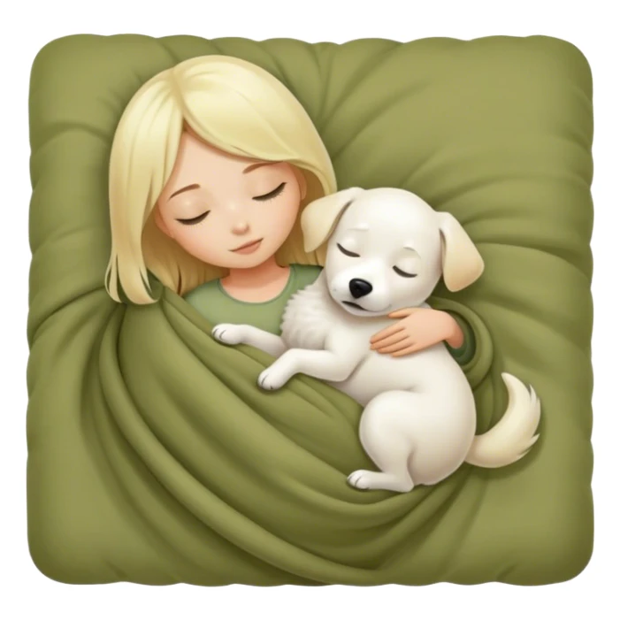 Cute blond girl and white dog sleeping in a olive color blanket sticker