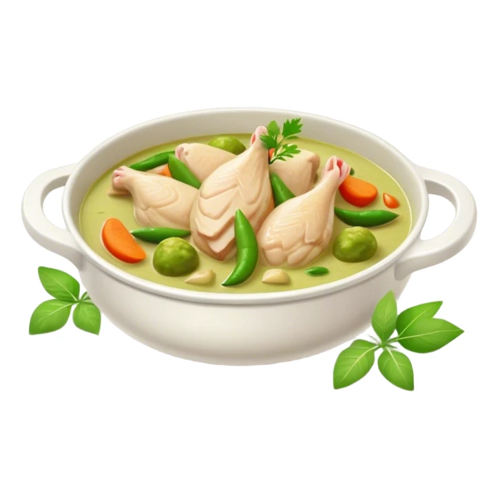 Cinematic Realistic Green Chicken Curry Dish Emoji, depicted with tender chicken simmered in a fragrant green curry sauce with vegetables rendered with rich textures and dynamic, vibrant lighting. sticker