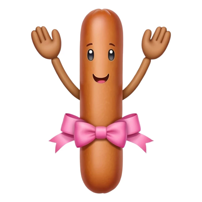 a sausage with arms, legs, face, a pink bow below sticker