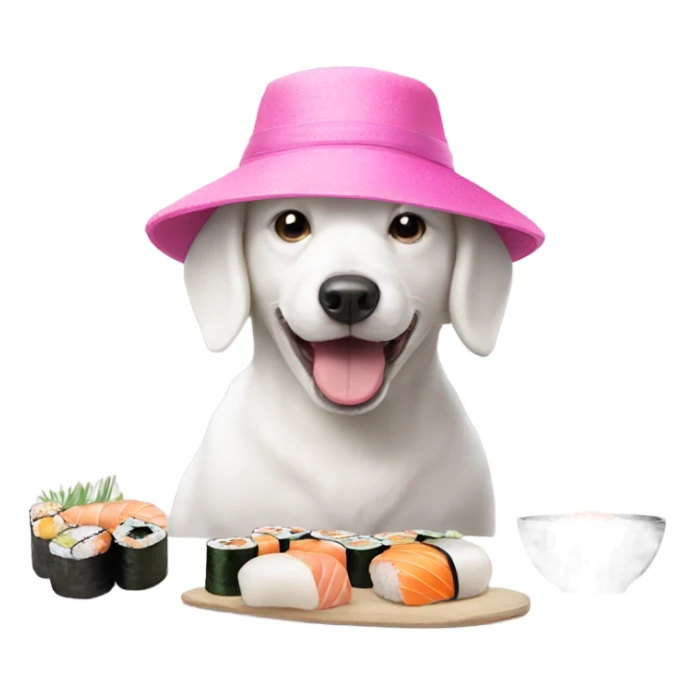 white Dog with a pink hat eating sushi sticker