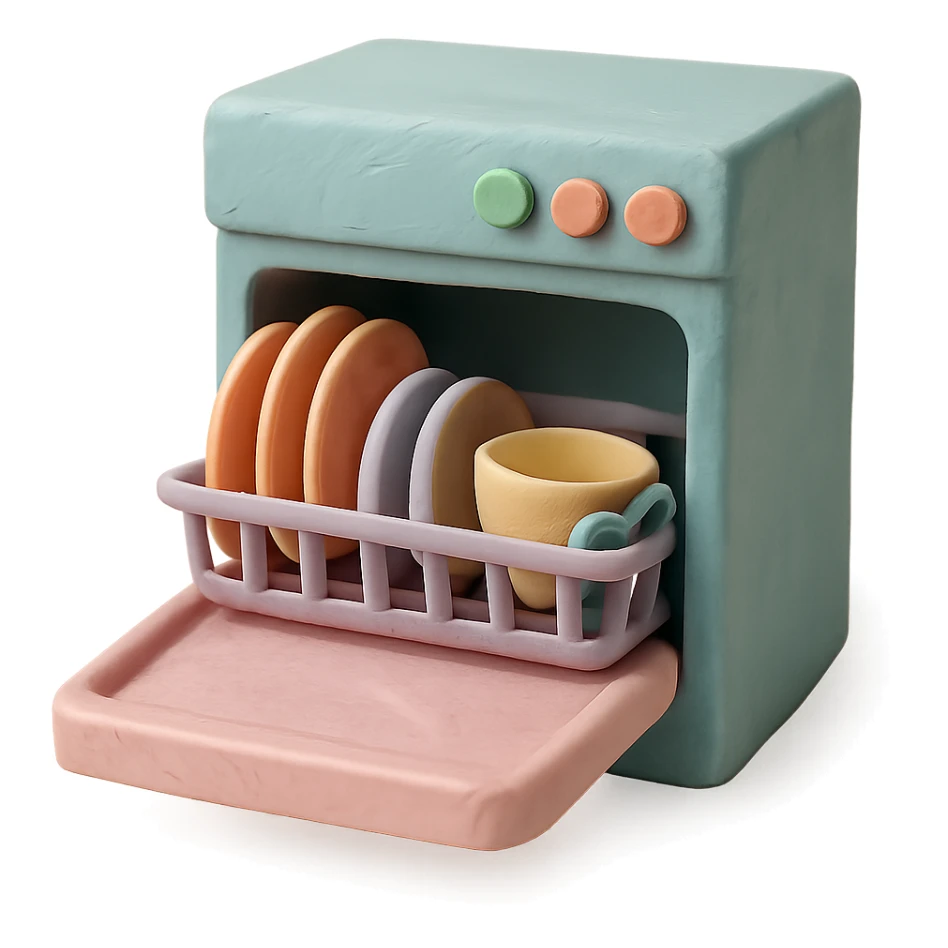 claymation style dishwasher with open door and clean dishes inside, pastel colors, visible fingerprints, soft matte finish sticker