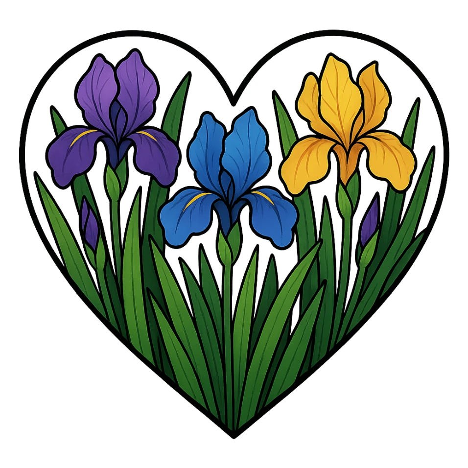 heart with a vibrant iris garden, clean digital illustration sticker