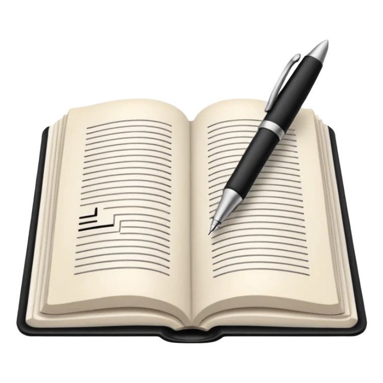 "A white open book,The pen should be positioned as placed exactly in the center between the pages.  if held by a right-handed person - meaning the direction is reversed compared to a left-handed grip. The pen should be uncapped, and the cap placed behind it." sticker