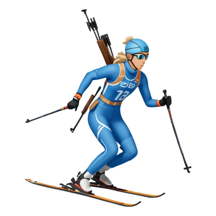 An icon featuring snow-covered trees, distant mountains, and a clear blue sky with a biathlete in motion, holding a rifle and skiing across a snowy course. Transparent background highlights the precision, endurance, and excitement of biathlon. sticker