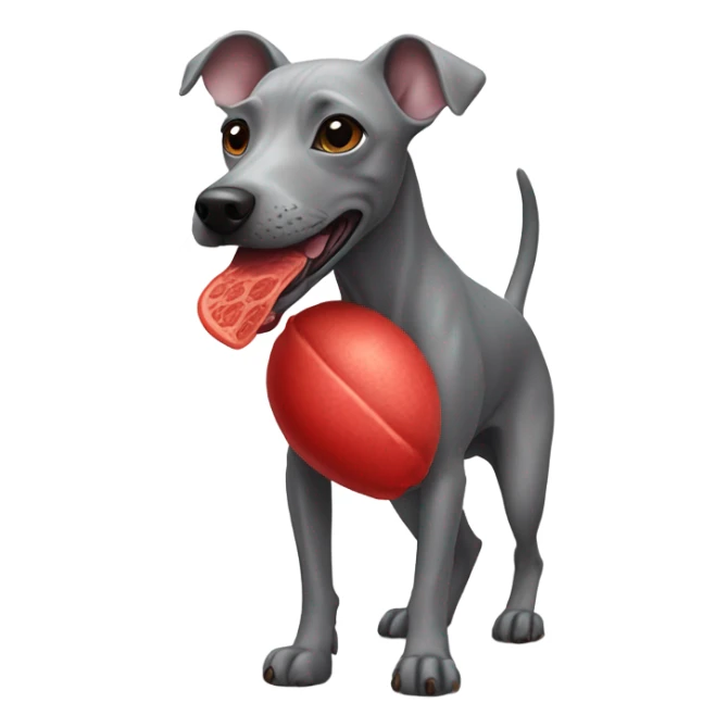 American Hairless Terrier eating red sticker