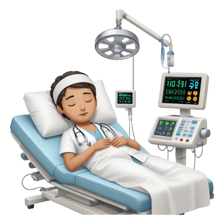 Hospital room with sleep study setup, hospital bed with sleeping patient, doctor in white coat, EEG machine, brain wave monitors, and hospital equipment sticker