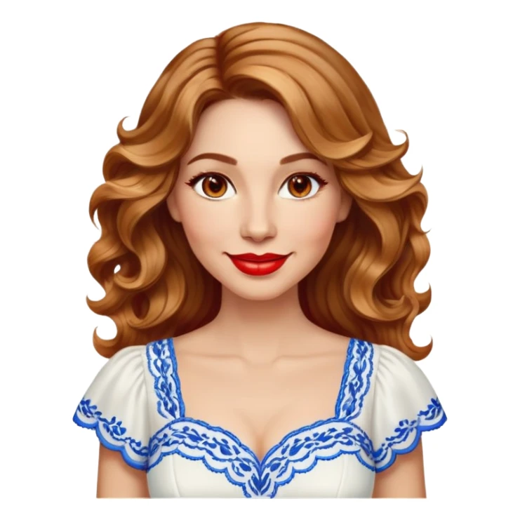 Artistic woman in her 40s with bright complexion, round face, big lively light brown eyes, wide friendly smile, vibrant red lips, voluminous wavy dark blonde hair with highlights to shoulders, white summery dress with blue embroidery and electric blue neckline sticker