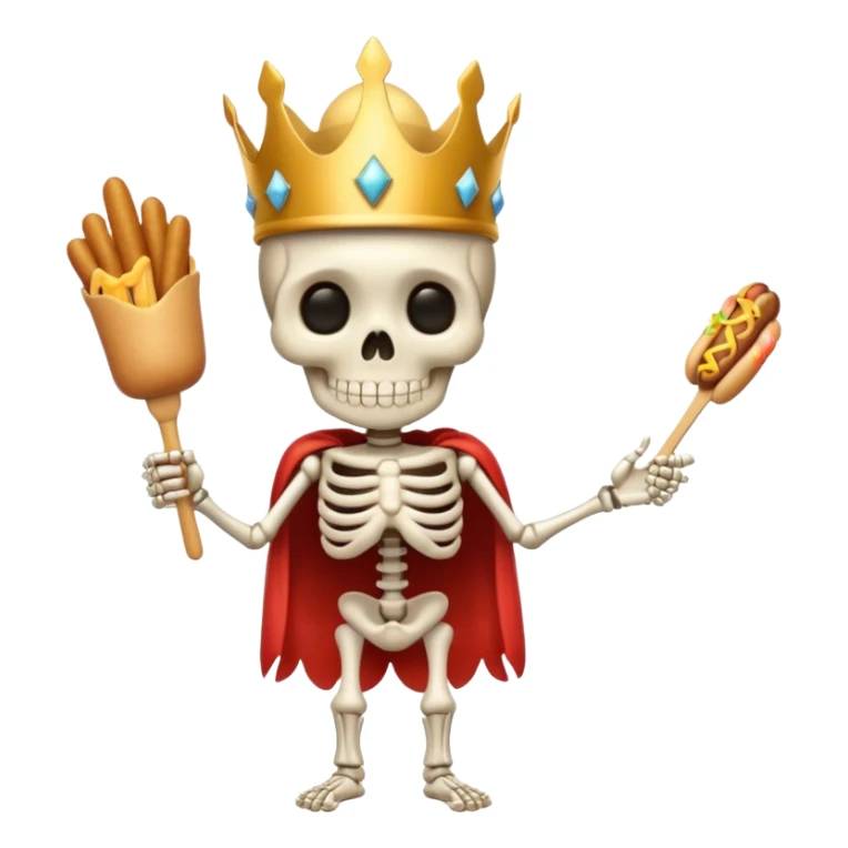 A cute skeleton wearing crown and holding hot dog full body sticker