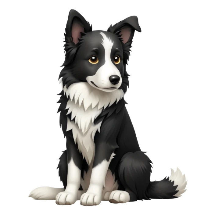 cinematic-[border collie dog]-realistic-full-body-sitting-emoji,-tail-resting-loosely-beside-its-paws,-head-tilted-dramatically,-scruffy-[black and white]-fur,-simplified-yet-realistic-focused-features,-highly-detailed,-glowing-with-an-almost-sarcastic-glow sticker