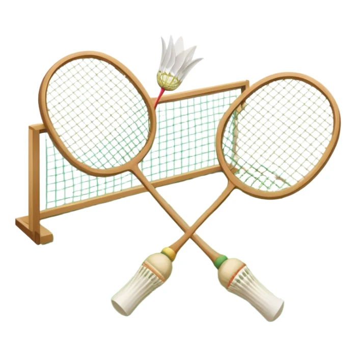 Two crossed badminton rackets with a shuttlecock resting in between, set against the faint outline of a badminton court. The image highlights the tools of the sport, with a subtle emphasis on the court's net and boundaries, symbolizing competition and skill. sticker
