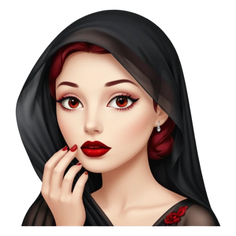 Female figure lifting sheer black veil from her lips, forbidden intimacy sticker