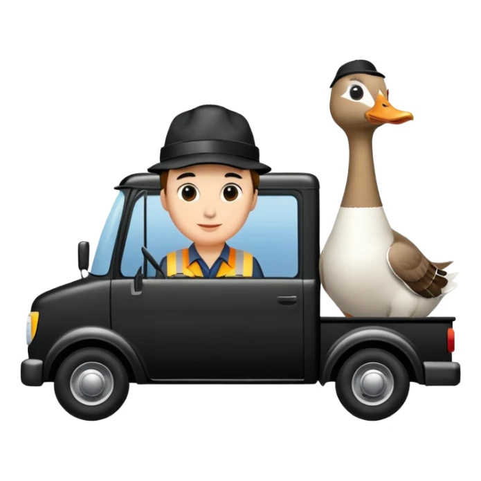 A black truck but the driver is a goose sticker