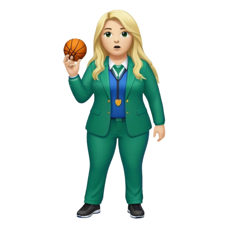 Full Body white plus size female basketball head coach using a whistle with long blonde hair in a blue and green suit sticker