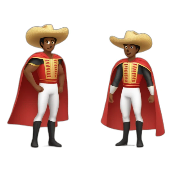 a runner athlete. Put a hat called montera torera on his head. Draw him with the posture of open arms greeting the audience.  and in the other a bullfighter's cape sticker