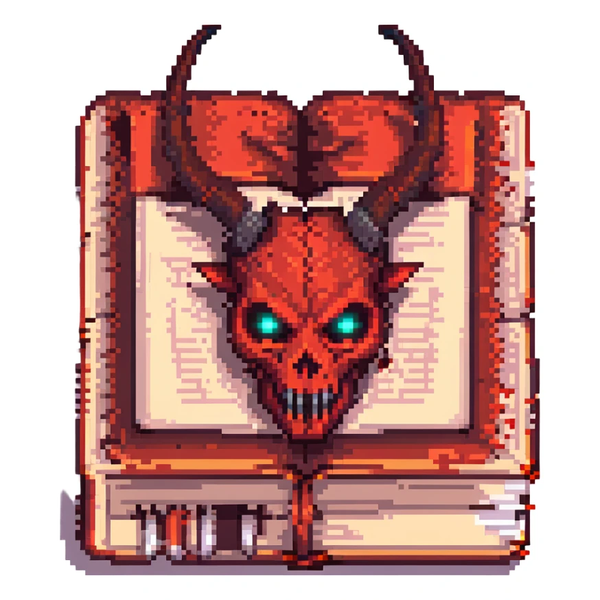 Make the red cursed book with a sinister face look even more evil by adding horns, more intense glowing eyes, and a smoky aura. Pixel art style with no background. sticker