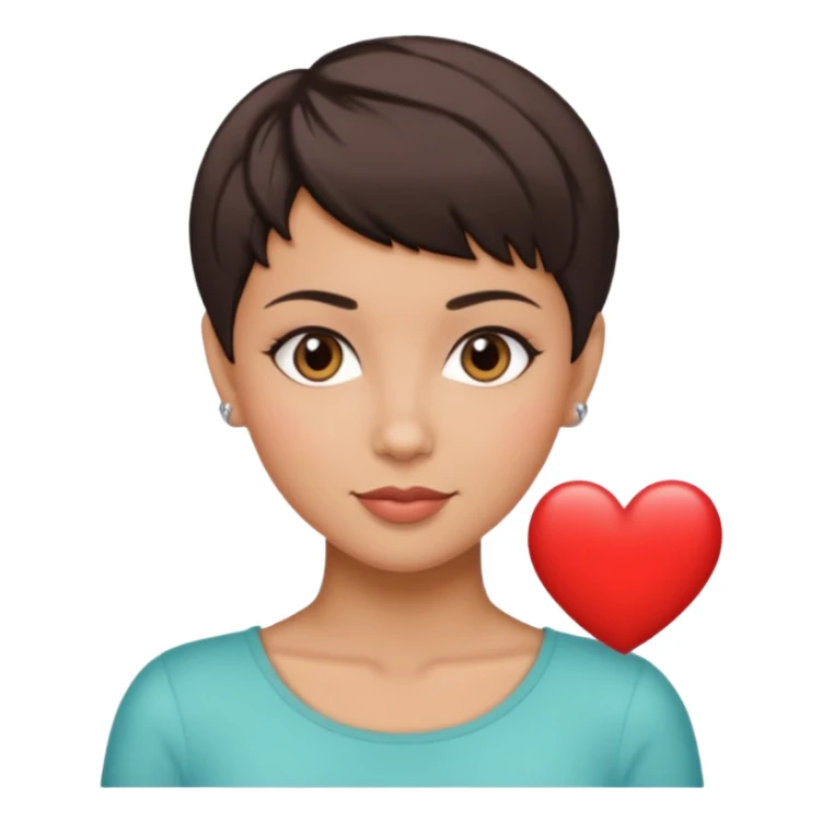 woman pixie cut dark brown hair, hispanic, brown oval eyes, heart shaped face sticker