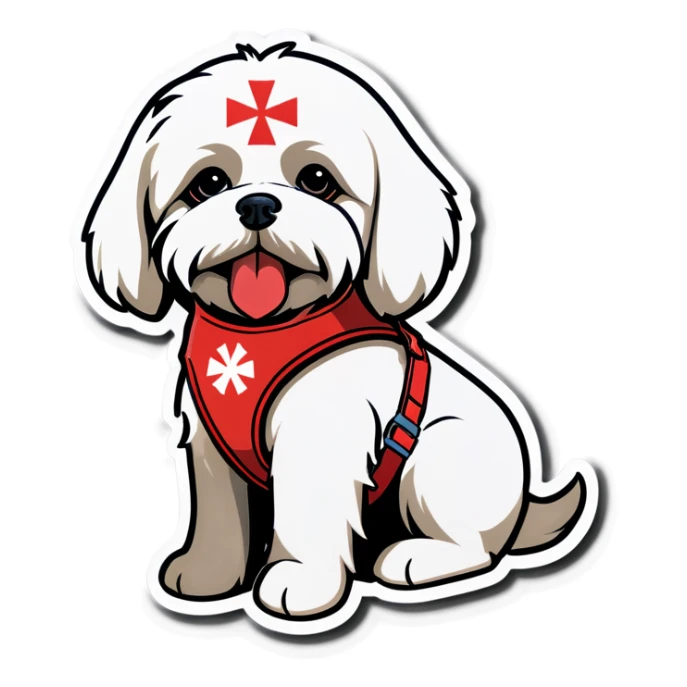 Maltese is a service dog wearing a red harness with a medical symbol  sticker