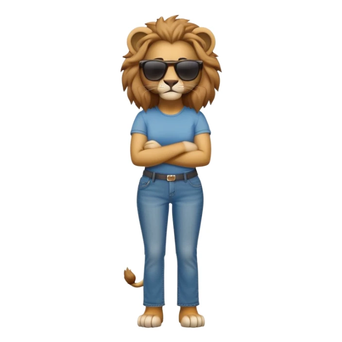 friendly anthropomorphised female lion character, full body, standing confidently with arms folded, wearing jeans, a t-shirt, and dark sunglasses sticker