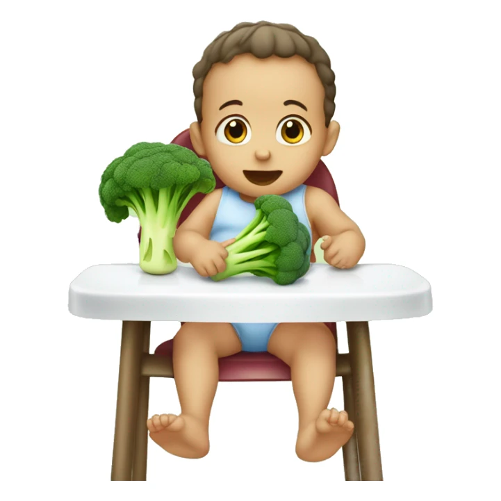 A baby sat on a high chair eating broccoli sticker