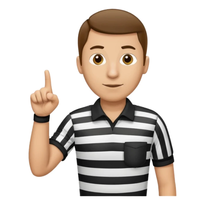 A calm referee with striped shirt, pointing clearly toward the field. sticker