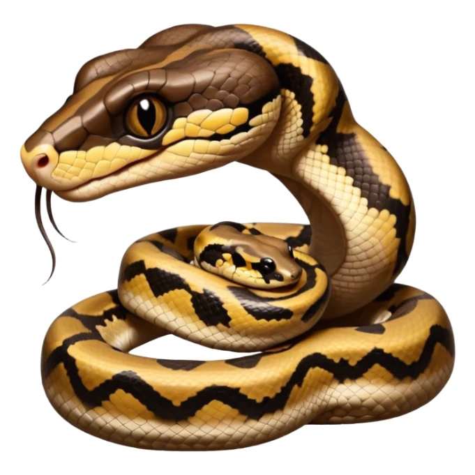 A photo-realistic digital illustration of a Ball Python, large headshot portrait. The snake has a short, rounded snout, smooth contours, and a calm, curious expression. Its head is warm brown with bold, irregular dark markings, including the signature “alien-head” pattern.  sticker