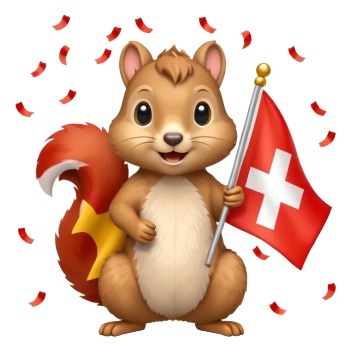 squirrel holding a Swiss flag, surrounded by even more confetti, emoji style sticker