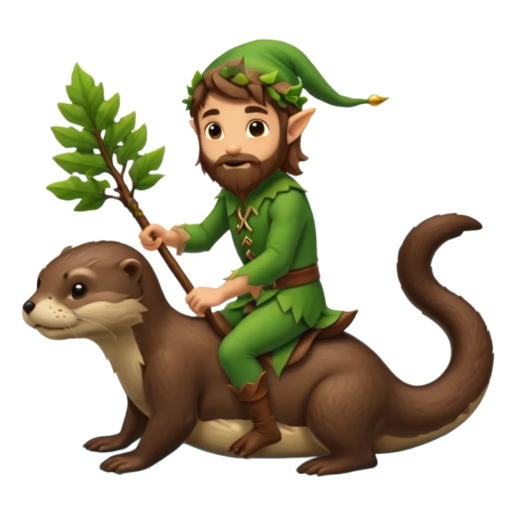 tiny forest elf man long brown hair beard riding an otter sticker
