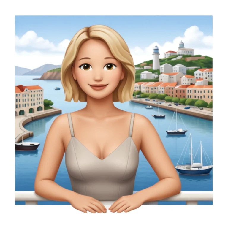 jennifer lawrence, leaning on a balcony with a harbor and cityscape in the background, smiling, closeup sticker