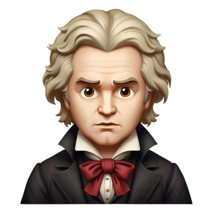 Cinematic Realistic Beethoven Portrait Emoji, depicted as a passionate composer with intense expressive features in period attire, rendered with rich textures and dramatic moody lighting that captures the turbulent genius of his music. sticker