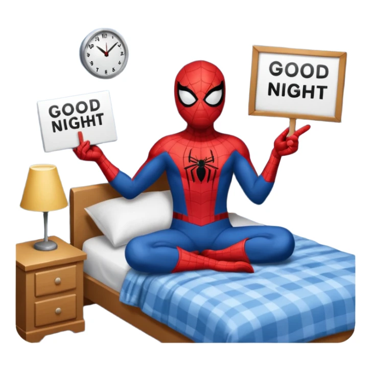 Spider-Man in his bed with a sign that says good night sticker