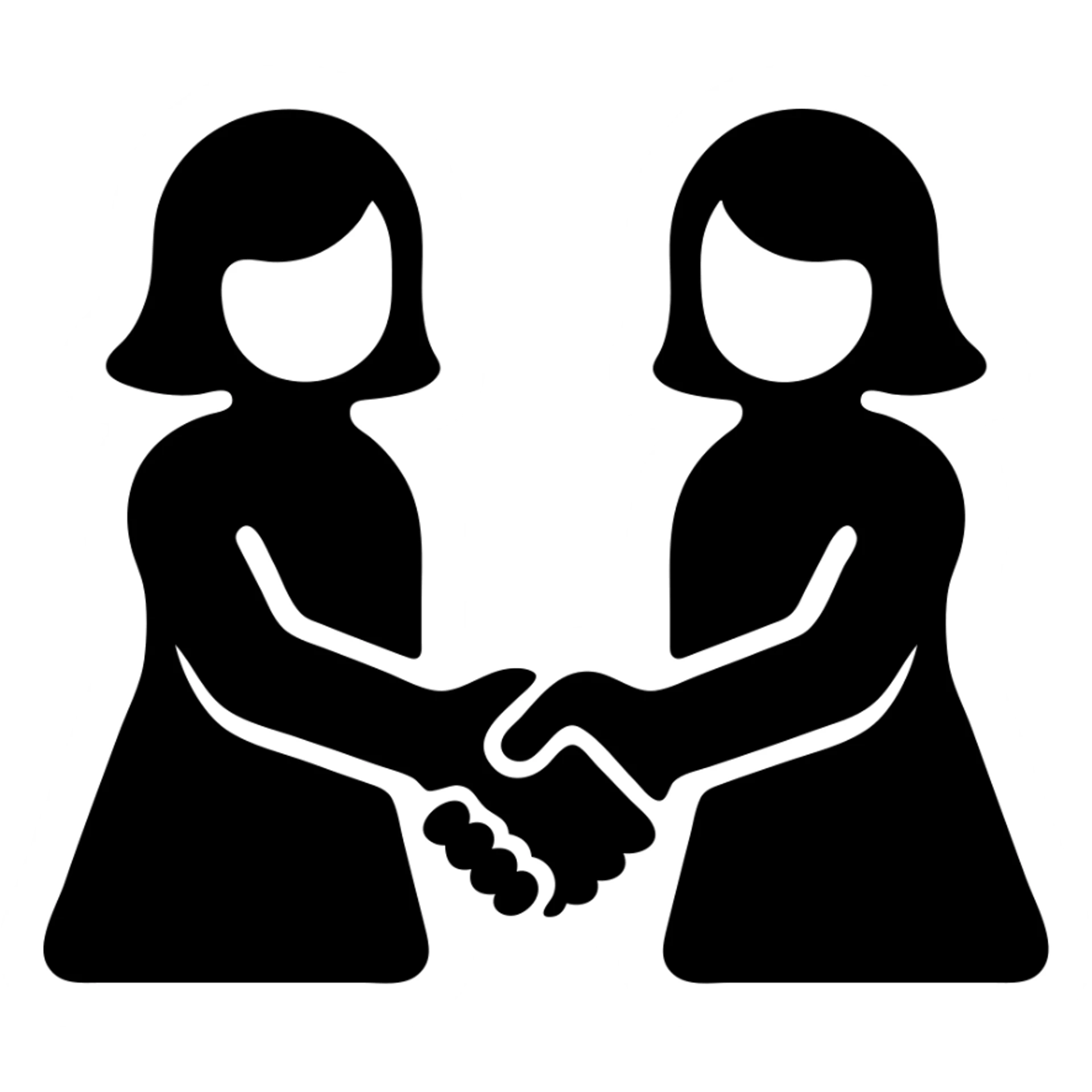 female handshake, solid black fill, minimalist silhouette, rounded shapes, unified line thickness, urban theme sticker