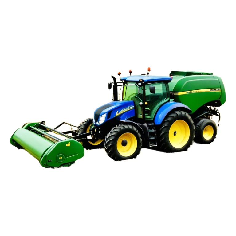 Baler – New Holland Roll-Belt 560 (2018) – Cinematic-realistic John Deere 6155M tractor towing a New Holland Roll-Belt 560 baler, its deep green body contrasting with the bright blue baler. The massive machine moves steadily through golden fields, compressing freshly cut hay into tight round bales, while dust swirls under the blazing afternoon sun. sticker