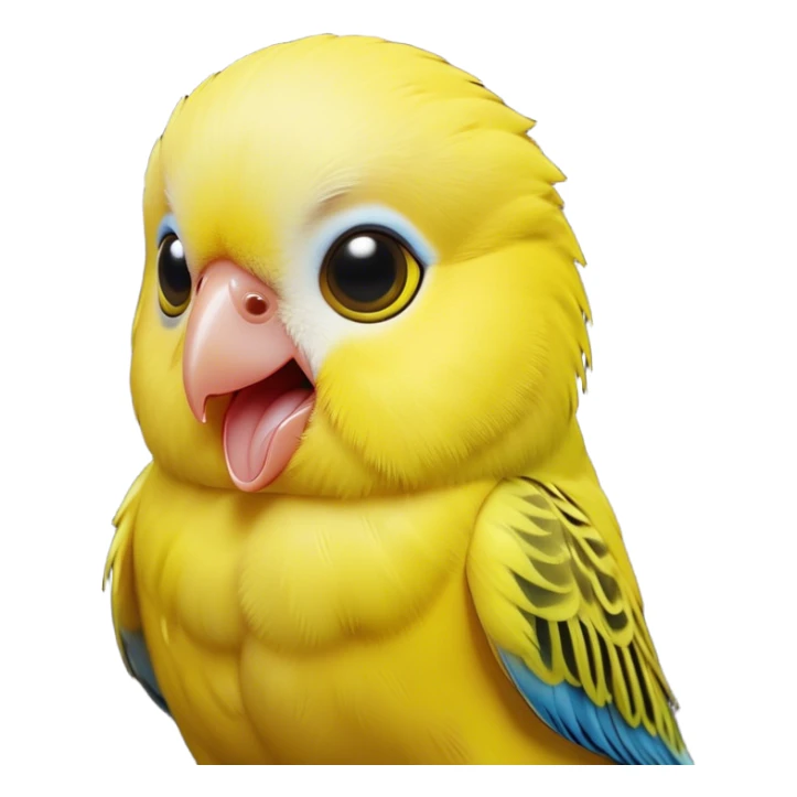 Cinematic Comical Yellow Budgie Portrait Emoji, Head tilted dramatically with an exaggeratedly amused expression, featuring a striking yellow feathered fur with a glossy finish, wide, expressive dark eyes filled with playful disbelief, Simplified yet hilariously expressive features, highly detailed, glowing with a slightly sassy glow, high shine, dramatic yet playful, stylized with an air of cheeky mischief, bright and endearing, soft glowing outline, capturing the essence of a spirited and over-the-top budgie, so meme-worthy it feels like it could side-eye its way into internet fame instantly! sticker