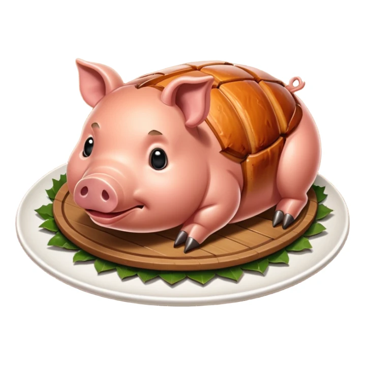 Create an emoji-style whole lechon. Crispy shiny roasted pig on a platter, festive and simple sticker
