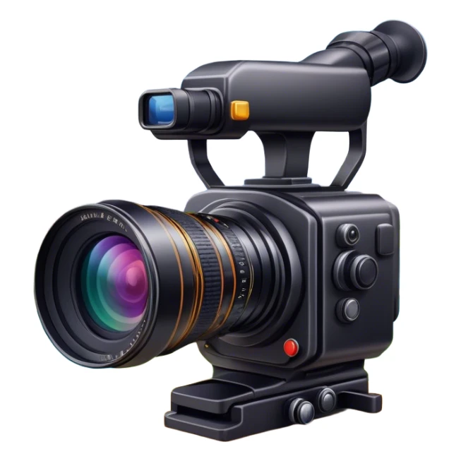 Professional camera with large lens, focused on landscape, vivid colors, camera details, minimalistic, on a white background, no extra elements. sticker