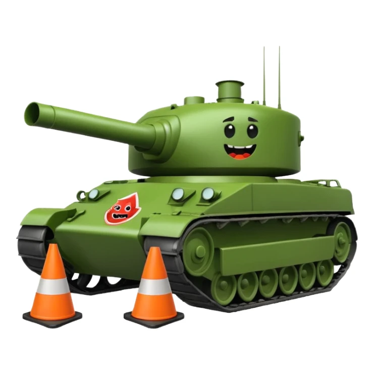 green military tank with an evil face rolling over a traffic cone with a sad face, emoji style sticker